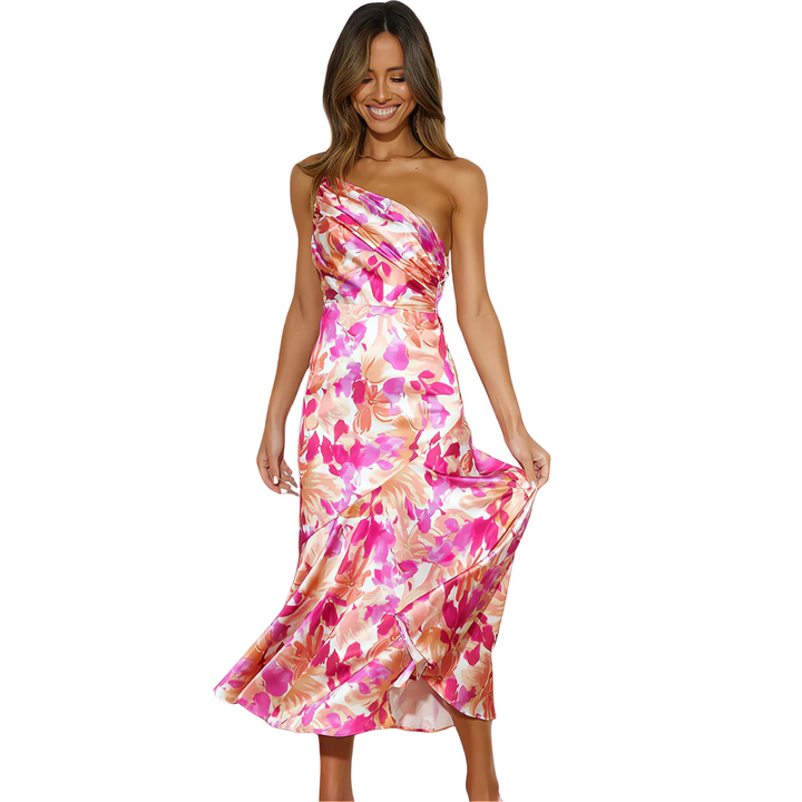 Asymmetrisk blommig midiklänning