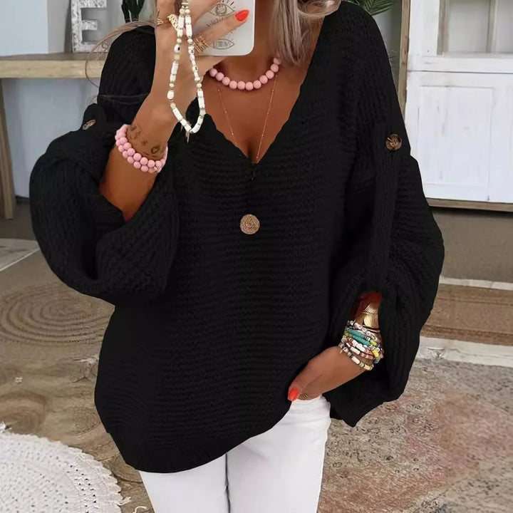 Linnea™ Stickad V ringad Tröja med Knappar